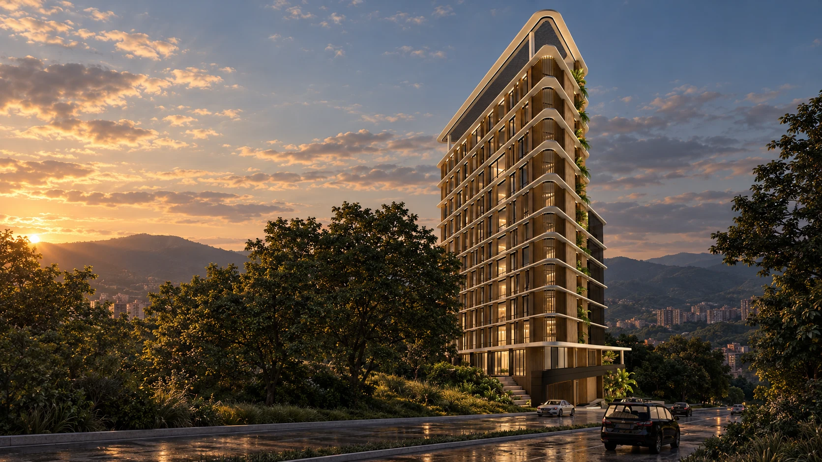 Fachada de Epicurean al atardecer